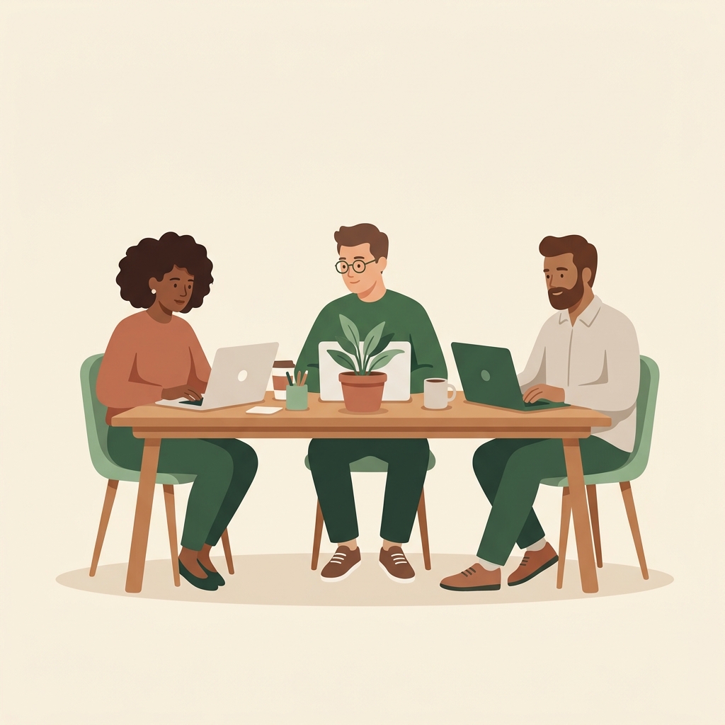 Three people working side by side at a shared desk with laptops and a plant
